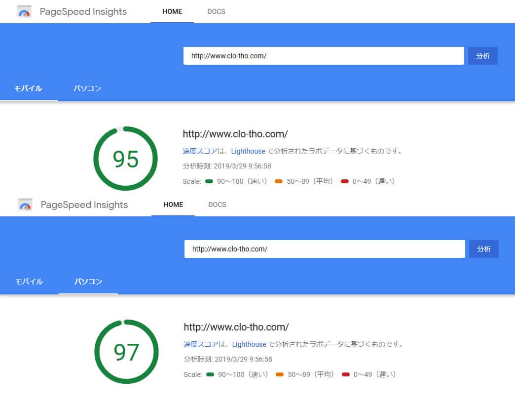 GoogleのPageSpeed Insights スピード結果